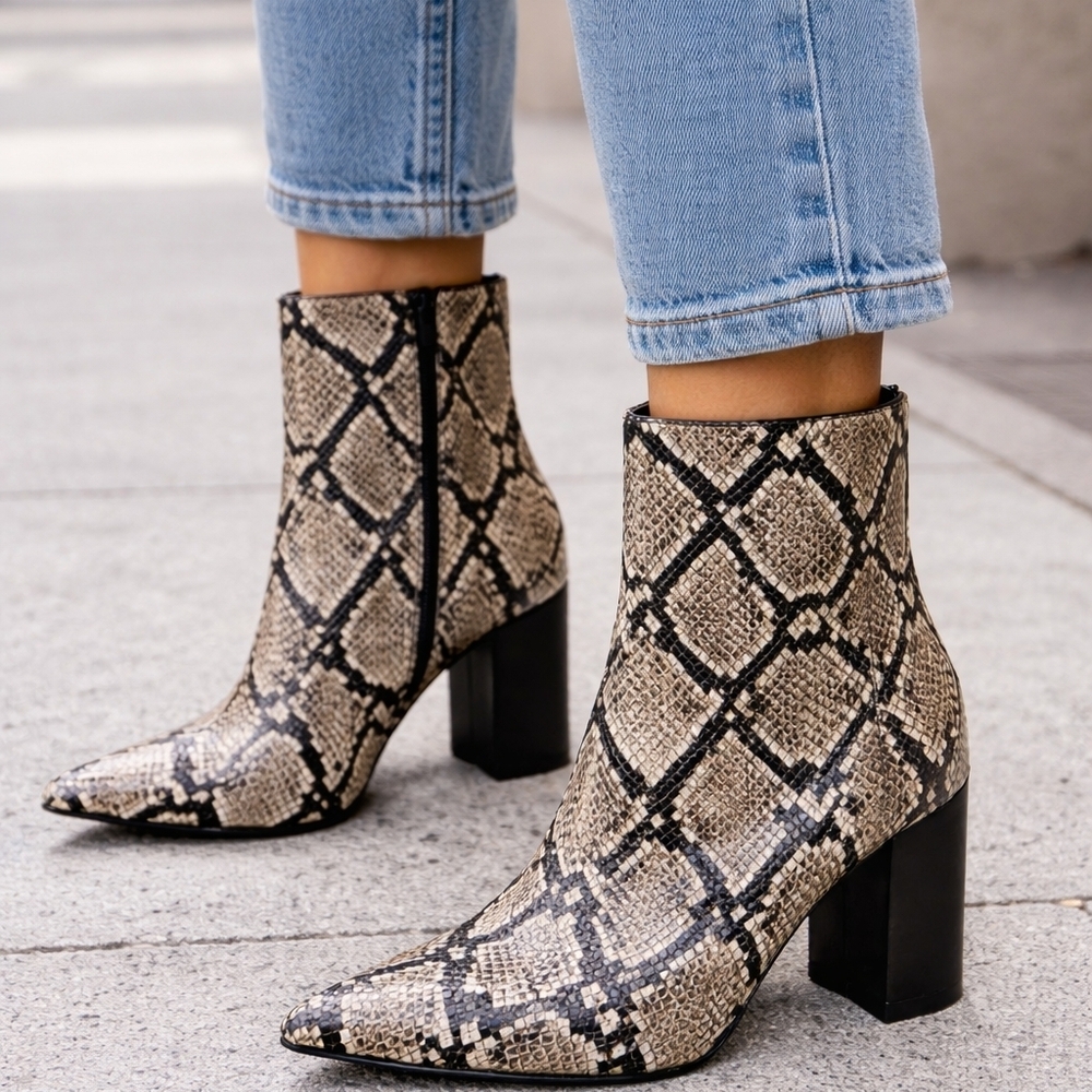 Jeffrey Campbell Snake-Print Pointed Ankle Boots in Beige and Black